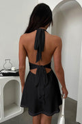 women Halter Deep V Neck Flowy Chiffon Bow Tie Backless Summer Mini Dress